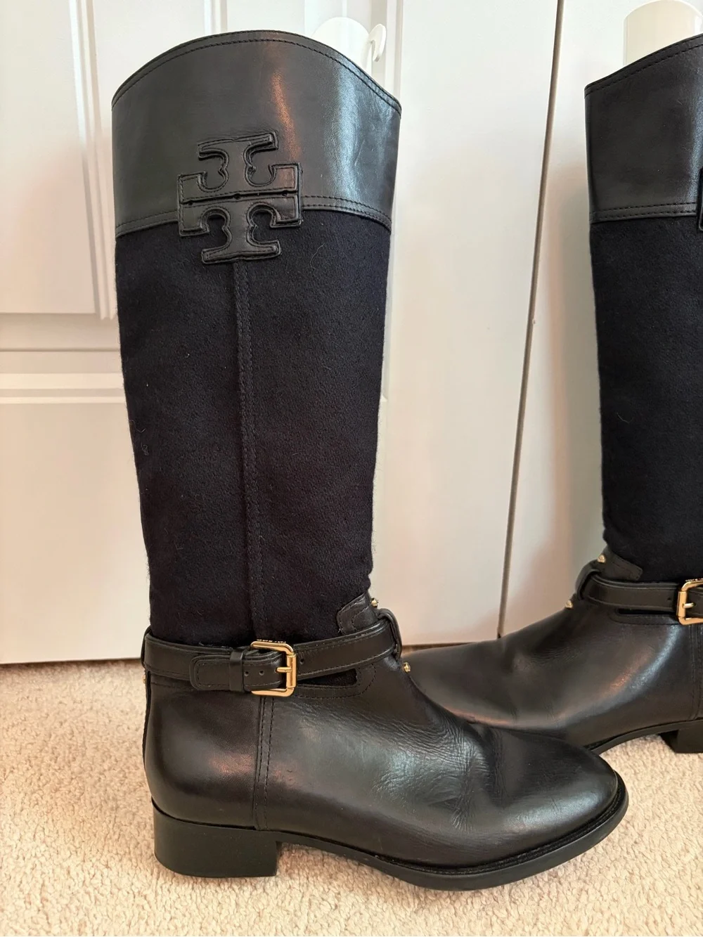Tory Burch Blaire Low Heel Tall Riding Boots Black Leather Women's Size 9.5